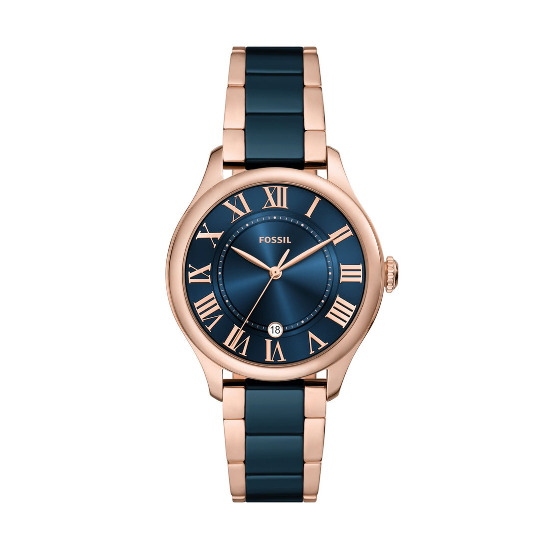 Fossil Gilmore 38mm Three-Hand Date Rose Gold-Tone and Navy Ceramic Watch - CE1134