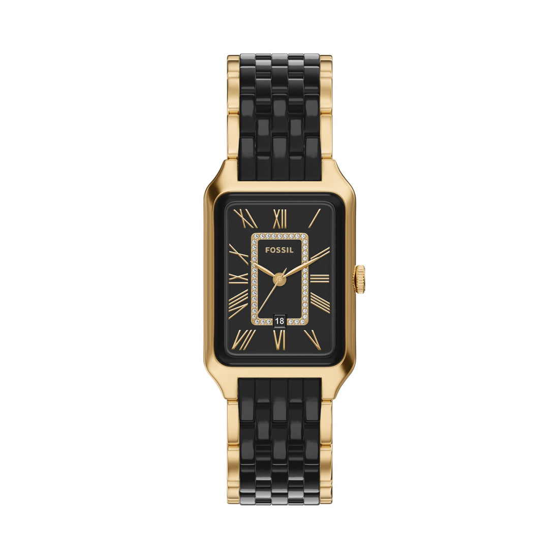 Fossil Women's Raquel Three-Hand Date Gold-Tone Stainless Steel and Black Ceramic Watch -  CE1135
