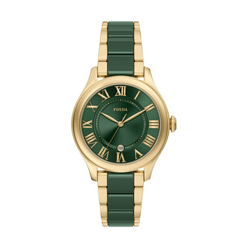 Fossil Women's Gilmore Three-Hand Date Gold-Tone Stainless Steel & Green Ceramic Watch -  CE1138