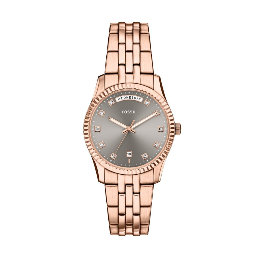 Fossil Scarlette 34mm Three-Hand Day-Date Rose Gold-Tone Stainless Steel Watch - ES5459