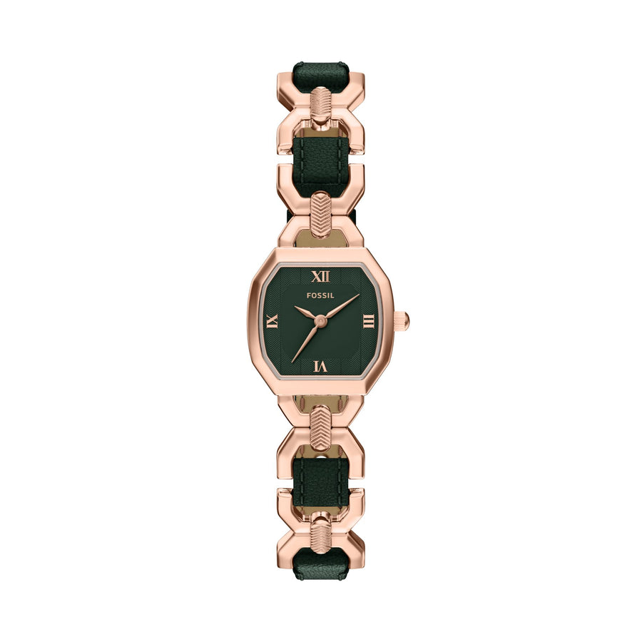 Fossil Women's Harlow Three-Hand Green Leather and Rose Gold-Tone Stainless Steel Watch -  ES5498