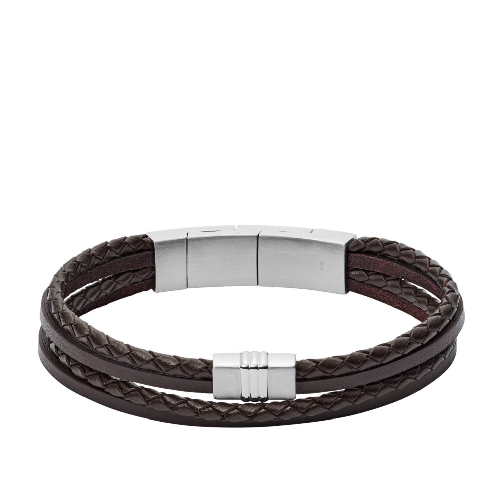 Fossil Men Brown Multi -Strand Braided Leather Bracelet - JF02934040