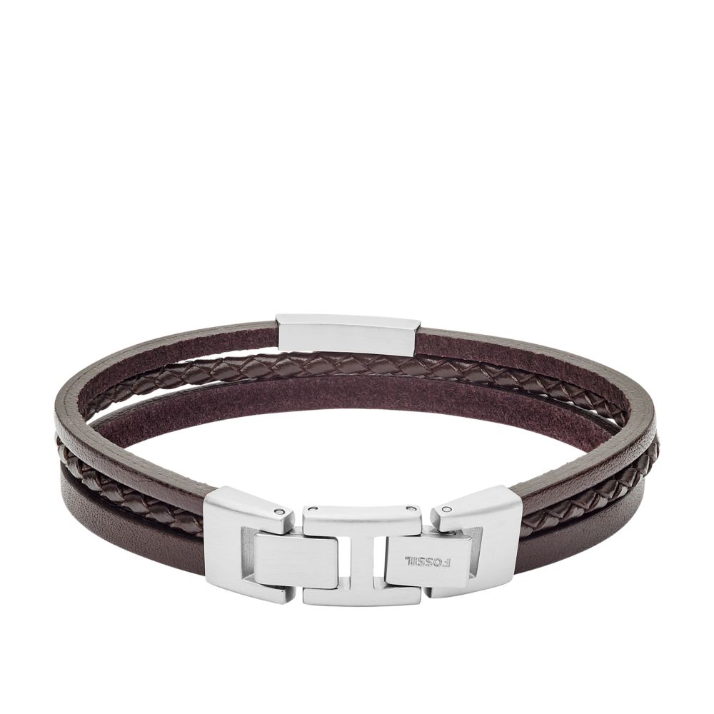 Fossil Men Multi -Strand Silver -Tone Steel and Brown Leather Bracelet - JF03323040 (1)