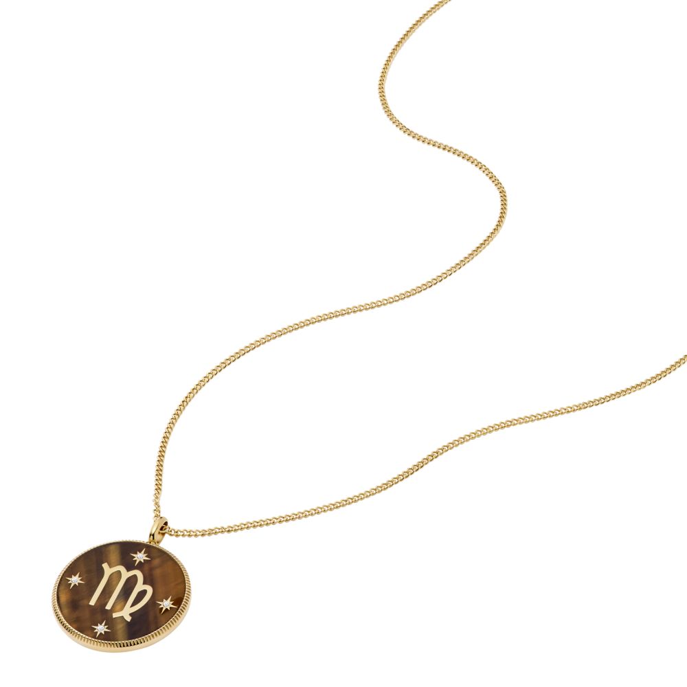 Fossil Women's Written in the Stars Gold Steel Tiger's Eye Virgo Pendant Necklace - JF04843710 (1)