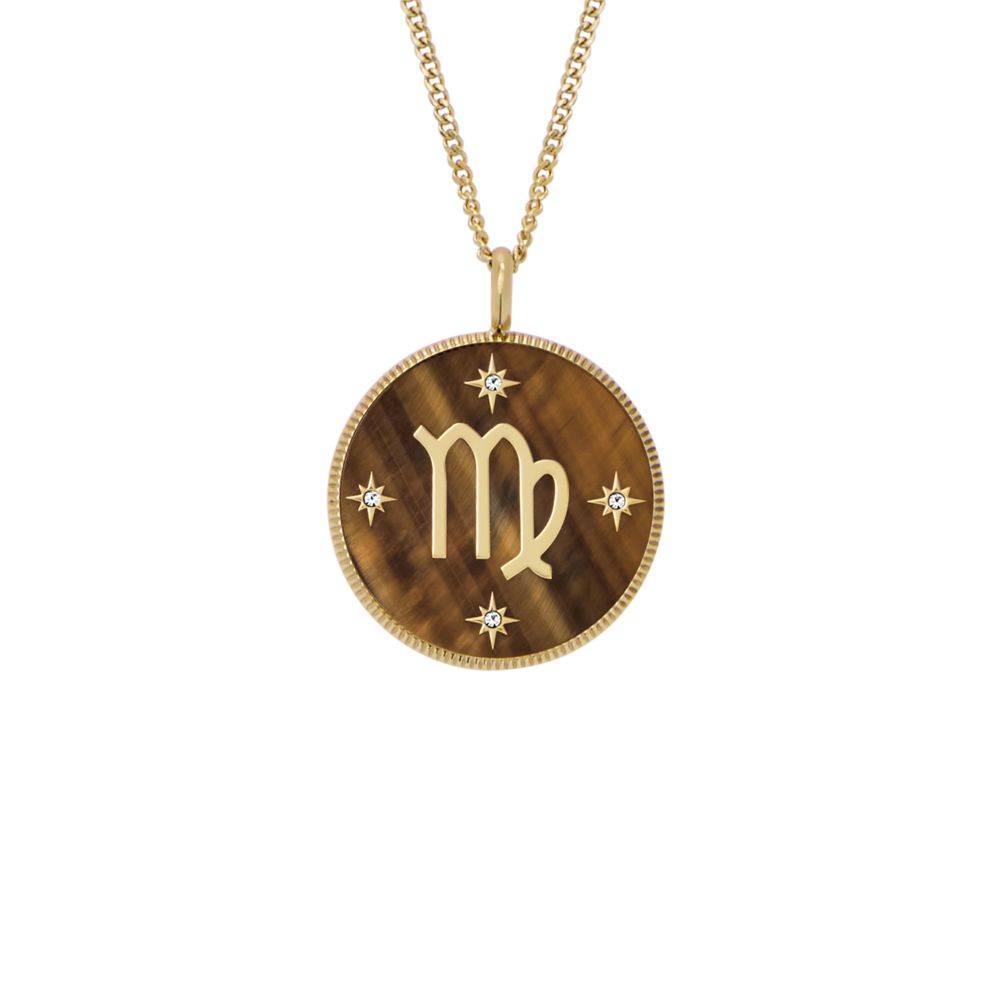 Fossil Women's Written in the Stars Gold Steel Tiger's Eye Virgo Pendant Necklace - JF04843710