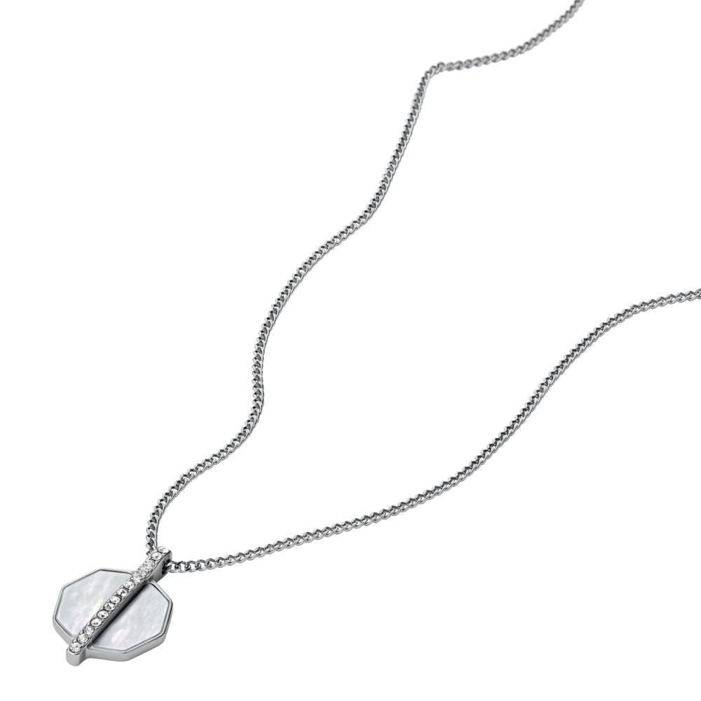Fossil Women's Timeless Mother Of Pearl Silver-Tone Stainless Steel Pendant Necklace - JF04909040 (1)