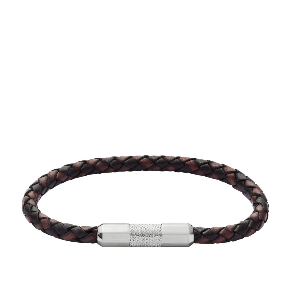 Fossil Men's Knox Knurled Texture Leather and Stainless Steel Station Bracelet - JF04918040