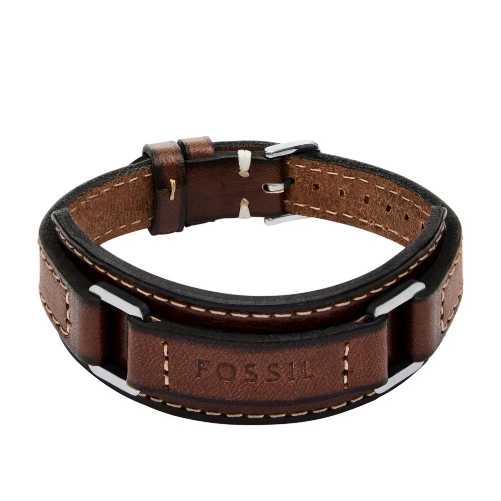 Fossil Men's Machine Rugged Stainless Steel and Brown Padded Leather Strap Bracelet -  JF04941040
