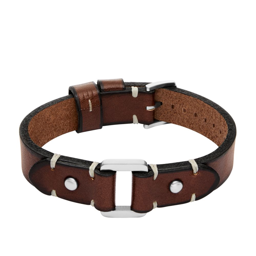 Fossil Men's Machine Rugged Stainless Steel and Brown Leather Strap Bracelet -  JF04942040