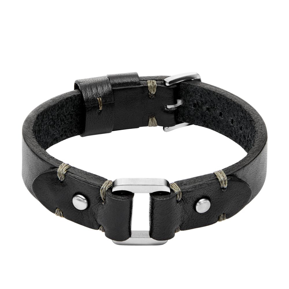 Fossil Men's Machine Rugged Stainless Steel and Black Leather Strap Bracelet -  JF04946040