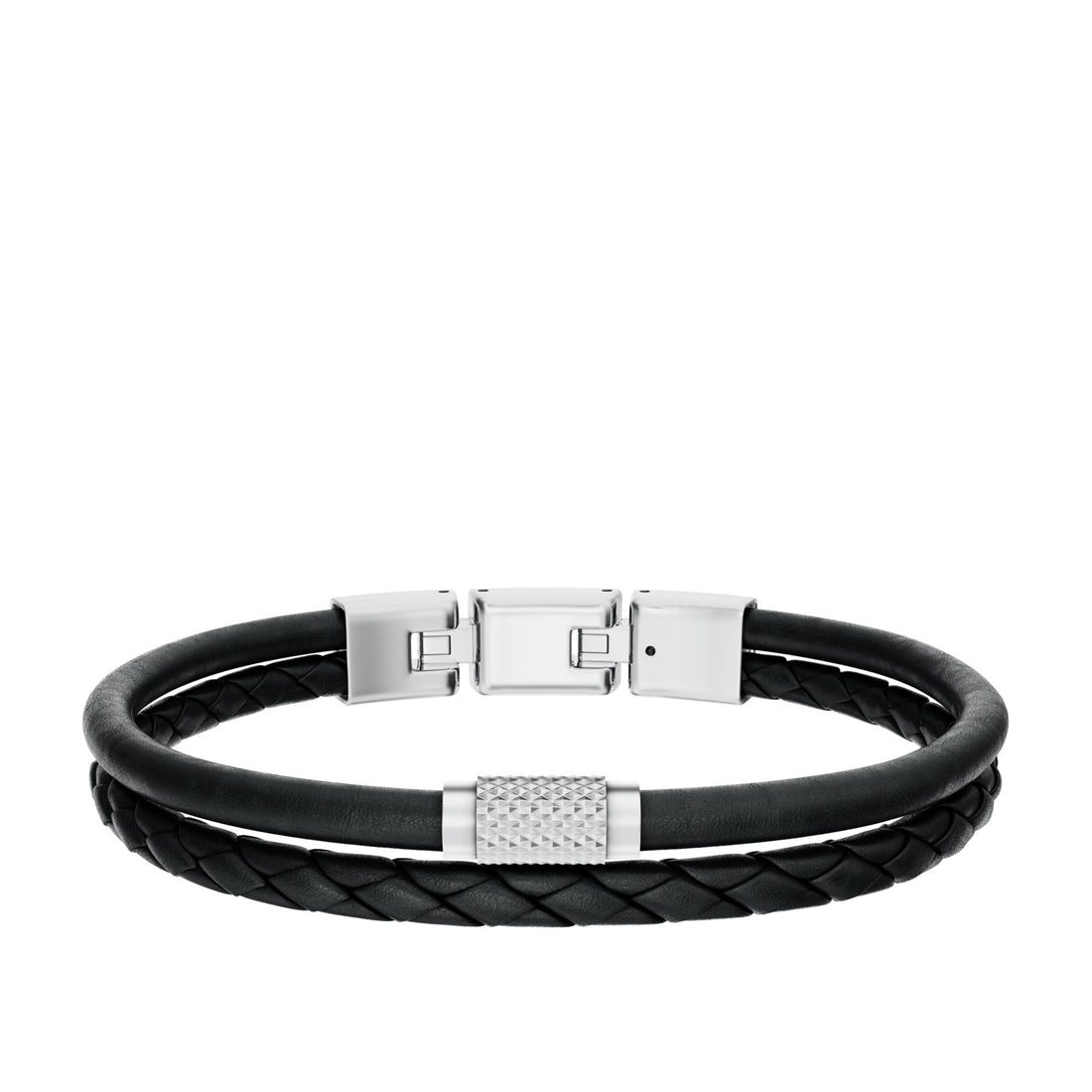Fossil Men's Machine Knurled Texture Black Leather Multi-Strand Bracelet - JF04989040