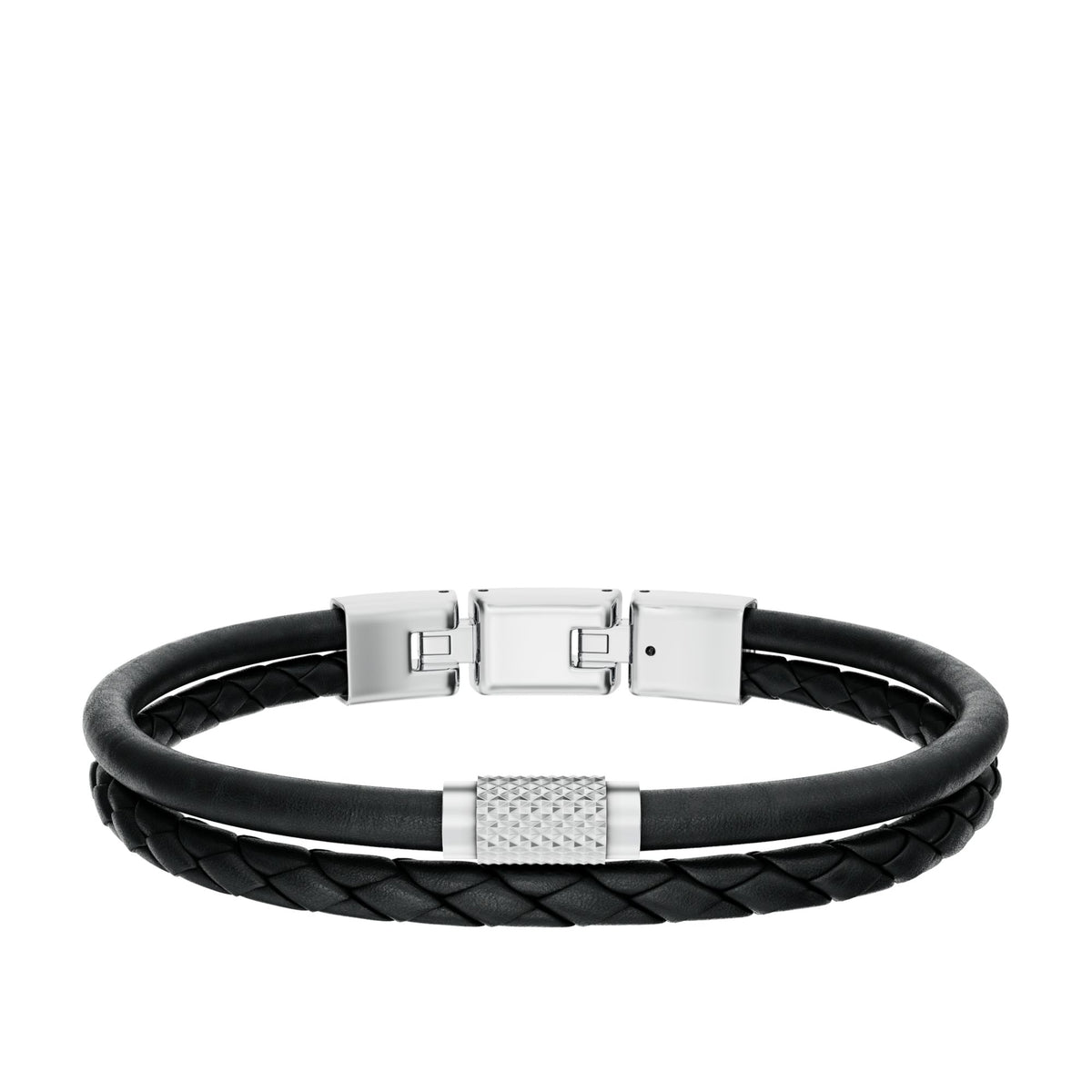 Fossil Men's Machine Knurled Texture Black Leather Multi-Strand Bracelet - JF04989040