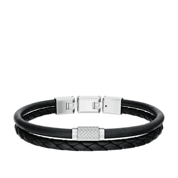 Fossil Men's Machine Knurled Texture Black Leather Multi-Strand Bracelet - JF04989040