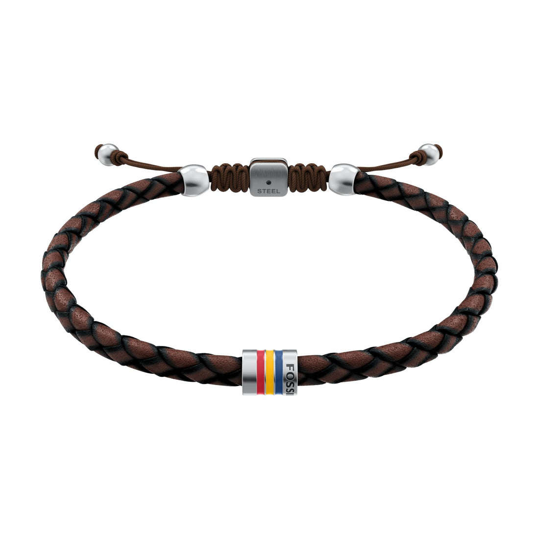 Fossil Men's Everett Enamel Brown Leather Station Bracelet -  JF05022040
