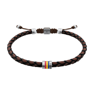 Fossil Men's Everett Enamel Brown Leather Station Bracelet -  JF05022040